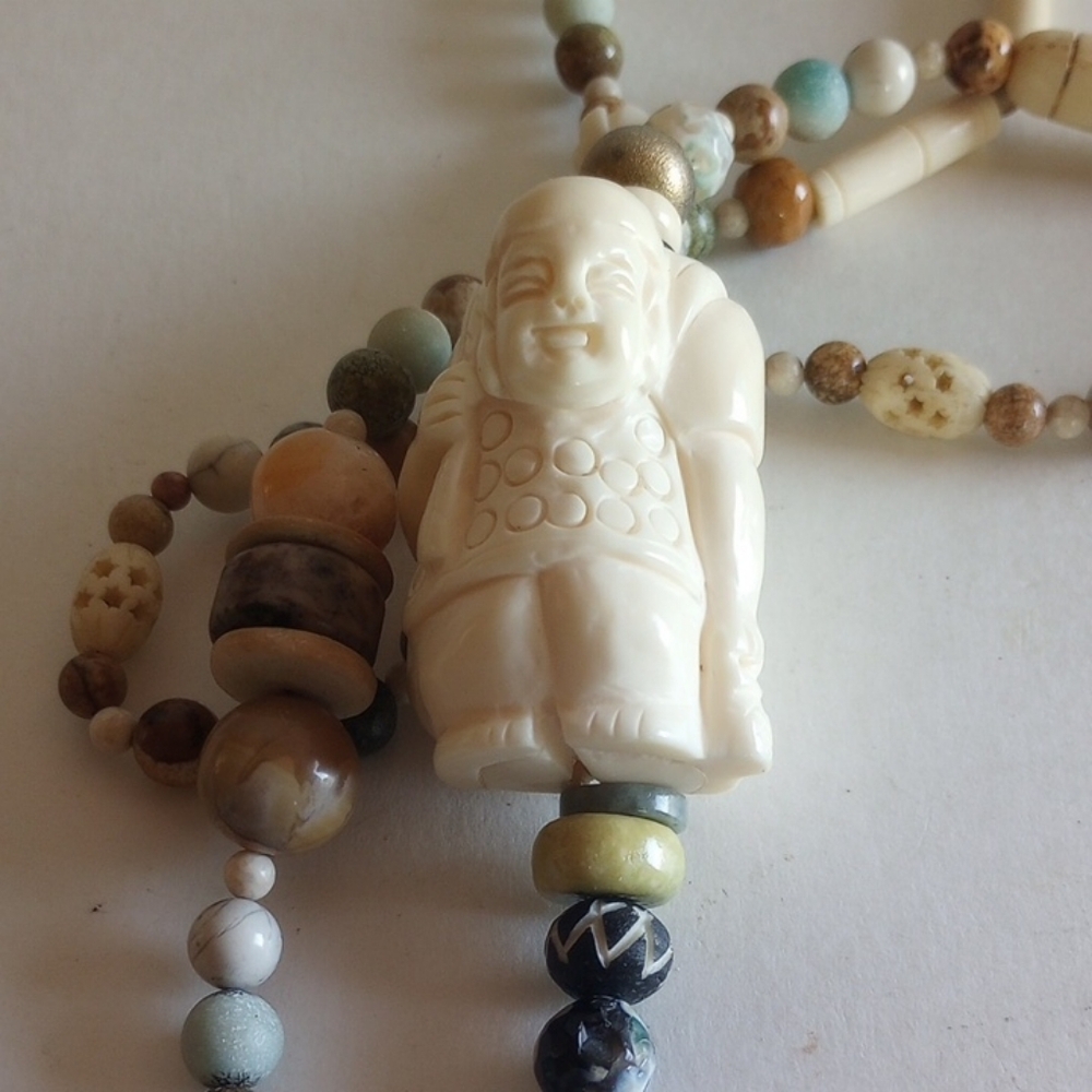Lucky Fisherman with Koi Fish Netsuke NECKLACE 31 " long